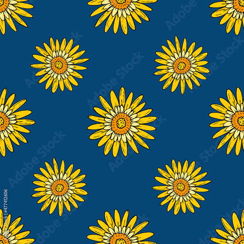 Seamless pattern with yellow gerbera on dark blue background. Vector image.