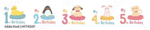 Baby birthday with childish numbers and cartoon animals. Set of cute figures with cat, dog, duck, rabbit and penguin in Scandinavian style for design birthday party, decorate nursery, sublimation.