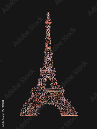 Stylized Eiffel Tower landmark in Paris, . Floral Ornament. Sketch for your d...