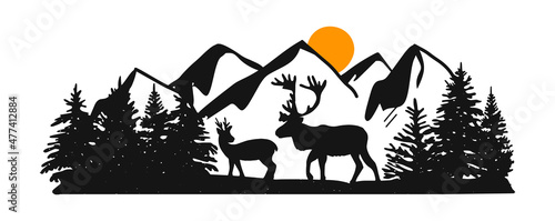 silhouette of deer on the background of mountains and forest vector. mountain landscape vector silhouette. forest landscape with mountains and wild animals. Vector graphics. eps