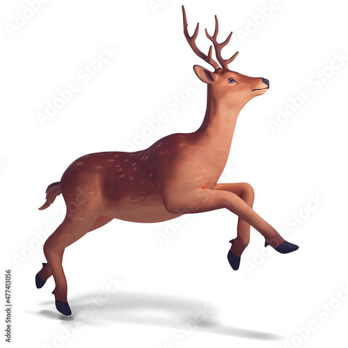 Young sika deer with antlers jumping on a white background 3d illustration