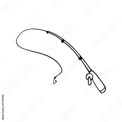 Hand drawn doodle fishing rod. Vector clipart. Outline.
