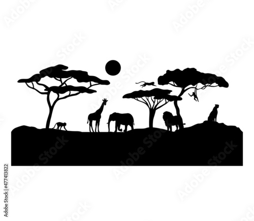 African safari animal silhouette. Vector black landscape scene with trees, lion, giraffe, elephant and monkey isolated on white background
