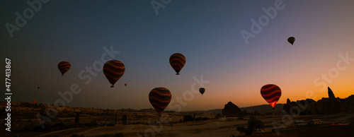 Hot air balloons. Hot air balloons in Cappadocia at sunrise banner photo.