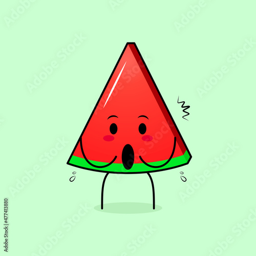 cute watermelon slice character with impressed expression and mouth open. green and red. suitable for emoticon, logo, mascot and icon