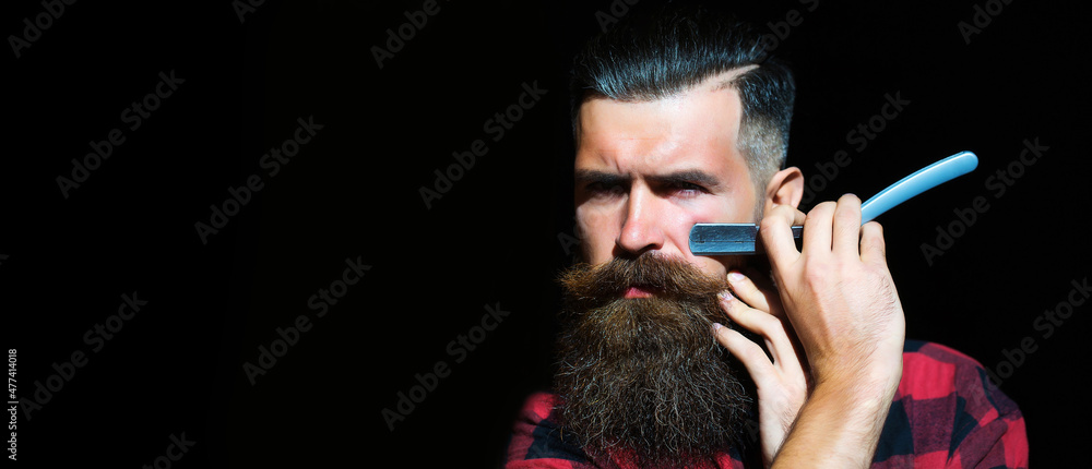 Obraz premium Beard man with black beard, bearded gay. Barber with razor on black, barbershop. Shaving in barber shop. Mustache men. Templates web banner design. Horizontal banner for hair salon.