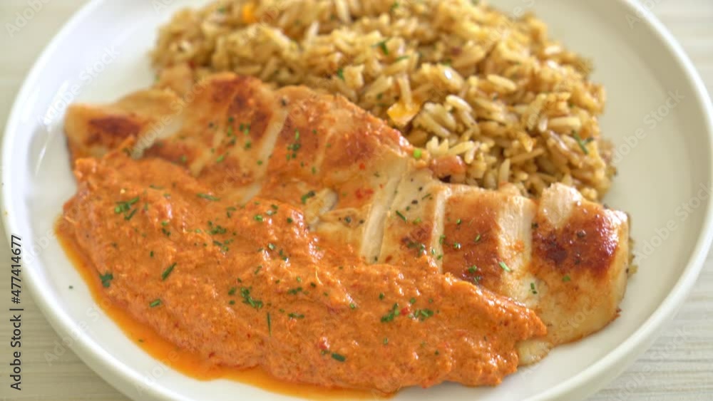 grilled chicken steak with red curry sauce and rice - muslim food style grilled chicken steak with red curry sauce and rice - muslim food style
