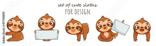 Set of cute sloth for design. Vector cartoon character holding blank banner, poster, peeping, hanging, hugging.  © EnyaLis