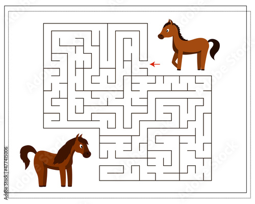 A puzzle game for children, go through the maze. Help me walk through the maze to my mom. Farm animals are a horse and a foal. Vector isolated on a white background