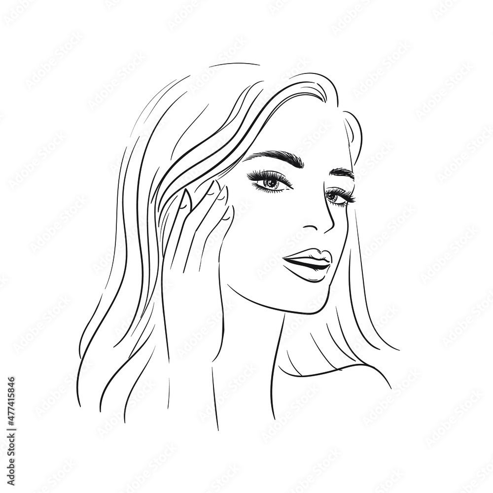 Young woman face with lush eyelashes. Beautiful girl face on a white background. Vector illustration. Glamour fashion beauty woman face illustration,eyelash extension.Hand applies cream. Young woman face with lush eyelashes. Beautiful girl face on a white background. Vector illustration. Glamour fashion beauty woman face illustration,eyelash extension.Hand applies cream.