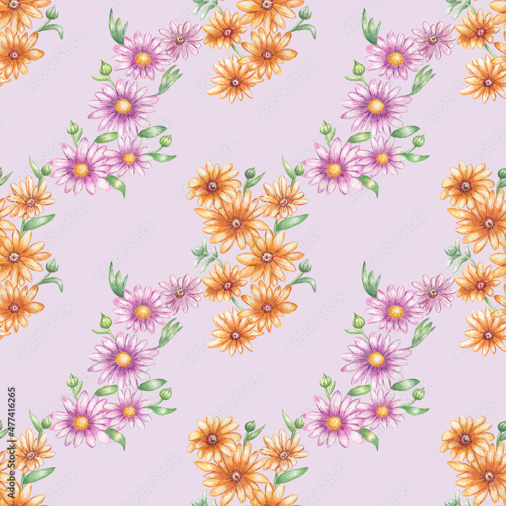 Watercolor seamless rudbeckia pattern isolated on light lilac background.Use for fabrics,textile,clothes.