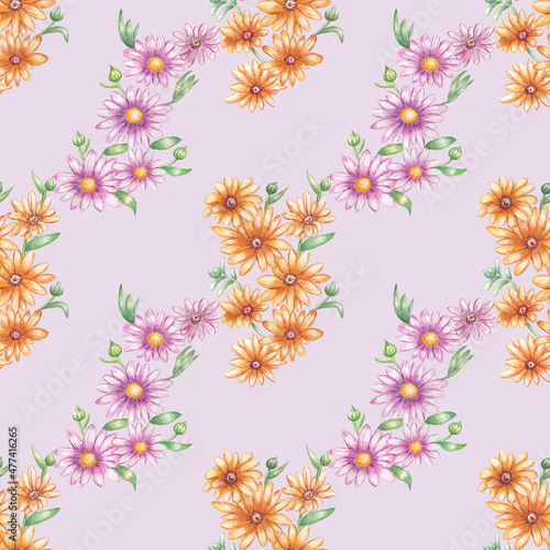 Watercolor seamless rudbeckia pattern isolated on light lilac background.Use for fabrics textile clothes.