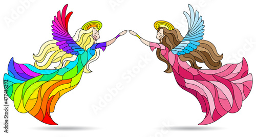 A set of illustrations in the style of stained glass with angel girls on a sky background, figures isolated on a white background