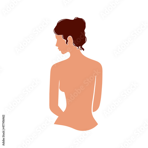 Naked woman standing back.Stock vector illustration.Flat picture.Self-care concept isolated on white background.