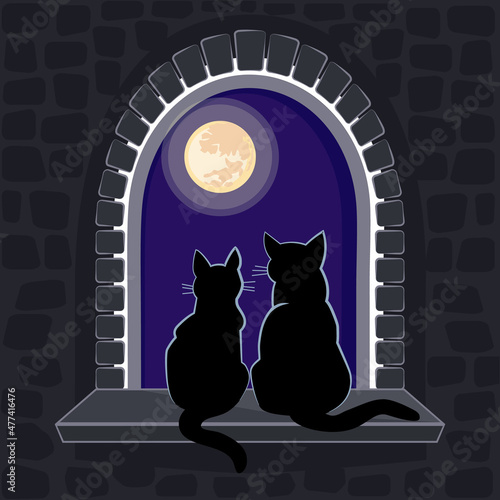 Castle window and cats looking at the moon, romance concept, flat vector illustration. 