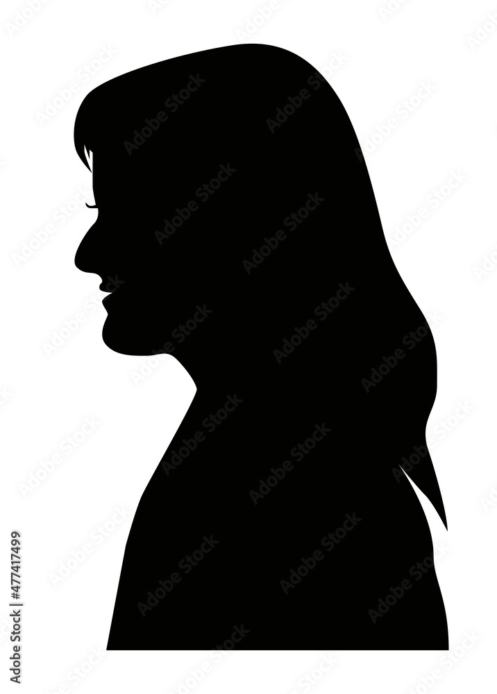 Silhouette of a female head with long hair and a large nose on a white background