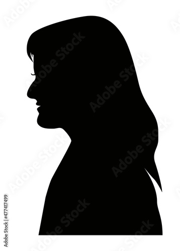 Silhouette of a female head with long hair and a large nose on a white background © Ольга Бошарова