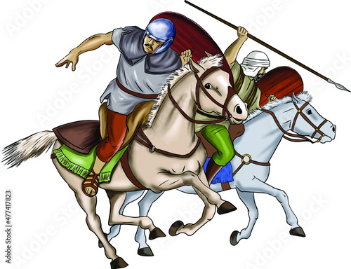 Two knights riding horses and running