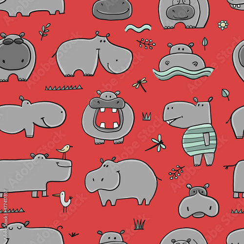 Hippopotamus family, cute hippo characters. Seamless Pattern Background for y...