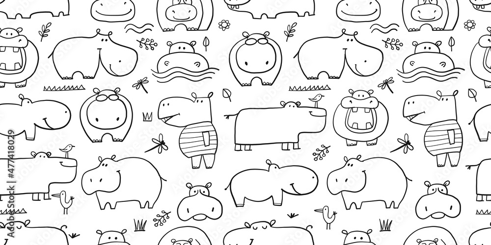 Fototapeta premium Hippopotamus family, cute hippo characters. Seamless Pattern Background for your design