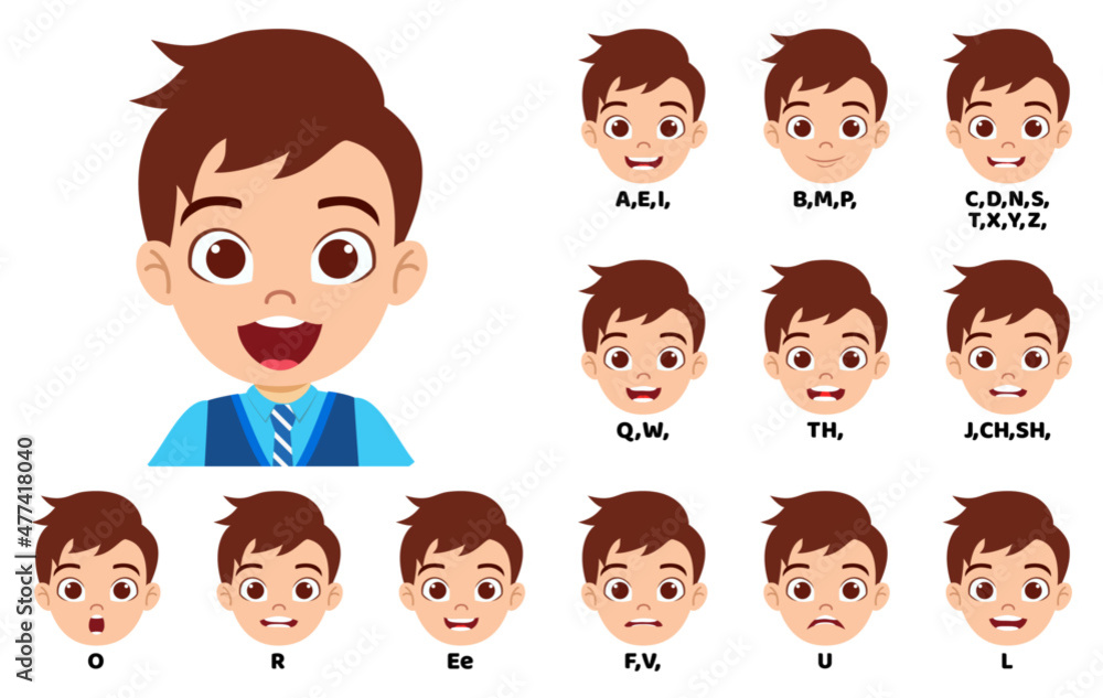 Cute kid school boy character standing bag and with mouth animation pack with lip syncing set for animation and sound pronunciation