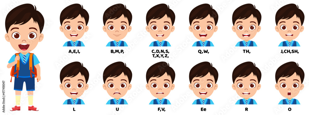 Kid school boy character standing bag and with mouth animation pack with lip syncing set for animation and sound pronunciation isolated Kid school boy character standing bag and with mouth animation pack with lip syncing set for animation and sound pronunciation isolated