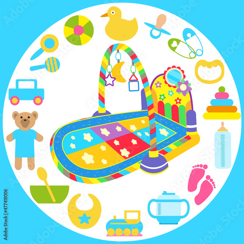Automatic baby bouncer, child gadjet swing bed. Chaise lounge for baby relaxation surrounded by child care objects, newborn items supplies. Swing chair near toys and objects for plying with kid