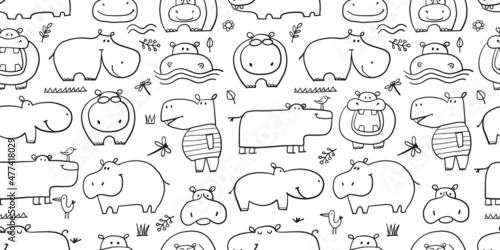Hippopotamus family, cute hippo characters. Seamless Pattern Background for your design