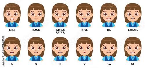 Background kid school girl character standing bag and with mouth animation pack with lip syncing set for animation and sound pronunciation