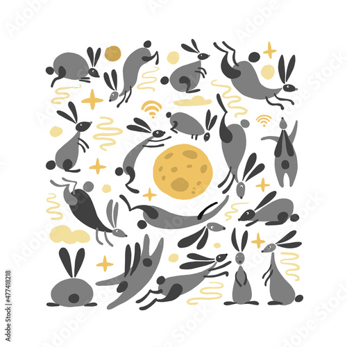 Funny rabbits. Mid-autumn festival elements. Bunny collection. Vector illustr...