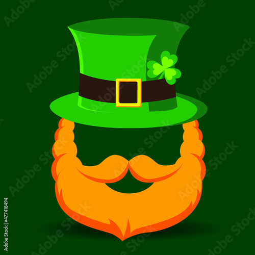 Leprechaun Gnome's hat and beard with mustache. Symbols of St Patrick's Day. Vector illustration.