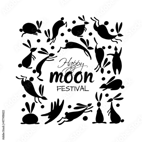 Funny rabbits. Mid-autumn festival elements. Bunny collection. Vector illustr...