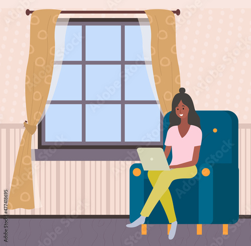 Woman works with laptop in living room. Remote work, programming, online freelancing. Female character sits with digital technology, performs tasks. Employee sitting in armchair with computer at home