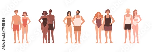 Couples in underwear. Diverse men and women with different body types, chubby, slim and thin shapes. Male and female characters portraits set. Flat vector illustrations isolated on white background