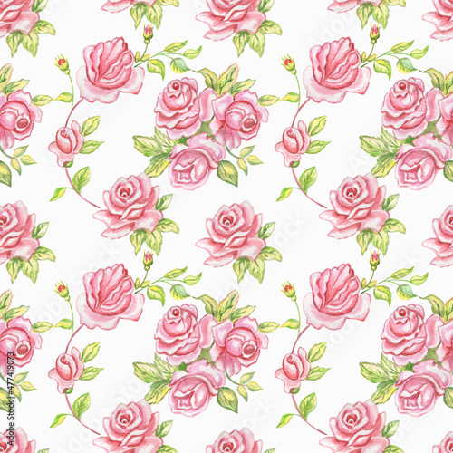 Watercolor seamless vintage roses pattern isolated on white background.Perfect for textile fabrics wrapping paper.