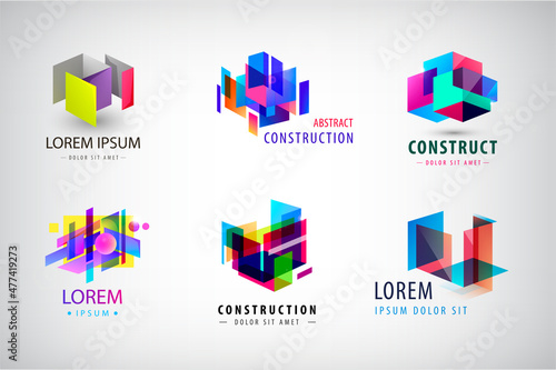 Vector set of abstract geometric colorful logos, icons. Construction, structure building architecture logos, creative concepts