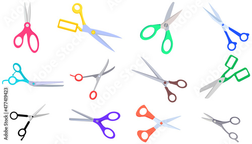 Various shapes scissors set. Tool made of blades and plastic handles. Equipment for creativity, cutting materials. Iron scissors with colorful handles isolated on white. Sharp cutting tool, clippers