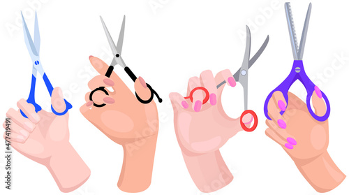 Various shapes scissors set. Tool made of blades and handles to cut. Equipment for creativity, cutting. Iron scissors with colorful handles isolated on white. Sharp cutting tool in human hands