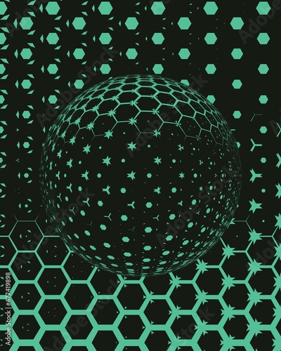 3D design on hexagonal mosaic tiles overlayered on a spherical surface on a black background