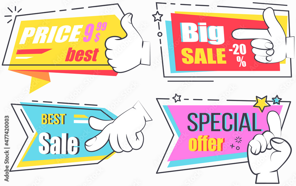 Set of big sale banners. Discount poster template. Hpt price special offer. End of season special proposition banner vector flat style. Best price advertising poster with different hand gestures