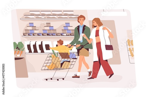 Family with kid in grocery store. Parents with child in shopping cart, walking in supermarket, buying products according to purchase list. People consumers in hypermarket. Flat vector illustration