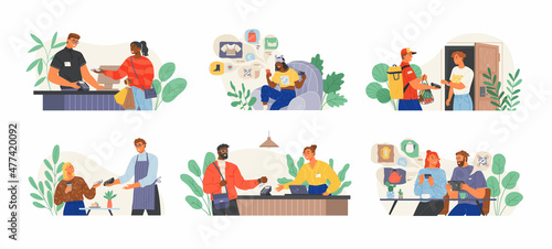 People pay for purchases with credit, debit card. Set of illustrations about contactless payment in store. Ordering goods and paying online. Possibility of cashless pay via terminal concept