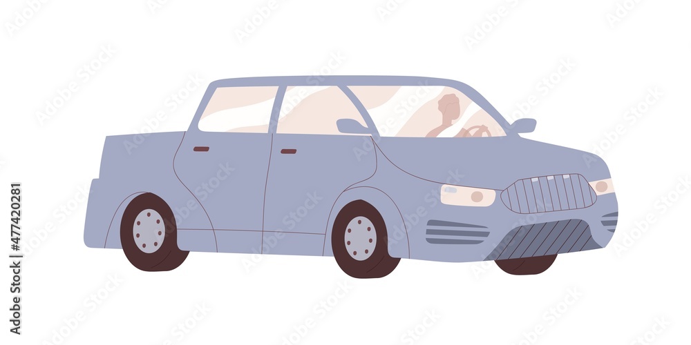 Pickup car. Pick-up auto with driver. Person driving road transport. Traveling by SUV vehicle. Colored flat vector illustration isolated on white background