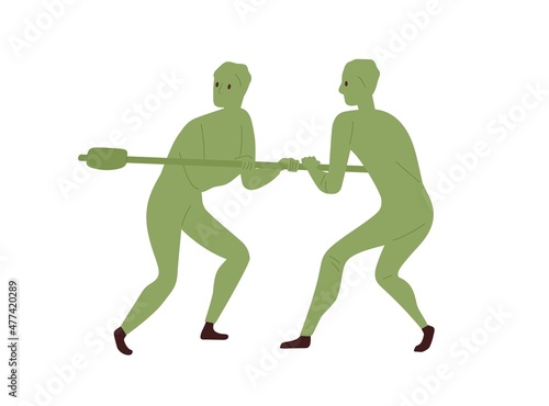 Assistants in chromakey bodysuits. Film production backstage with staff work in green costumes. People in disappearing chroma key suit. Flat vector illustration isolated on white background