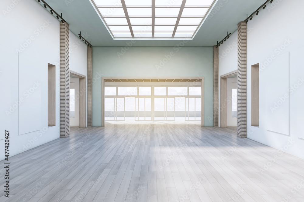 Modern concrete exhibition hall interior with wooden flooring, empty posters and sunlight. Gallery concept. 3D Rendering. Modern concrete exhibition hall interior with wooden flooring, empty posters and sunlight. Gallery concept. 3D Rendering.
