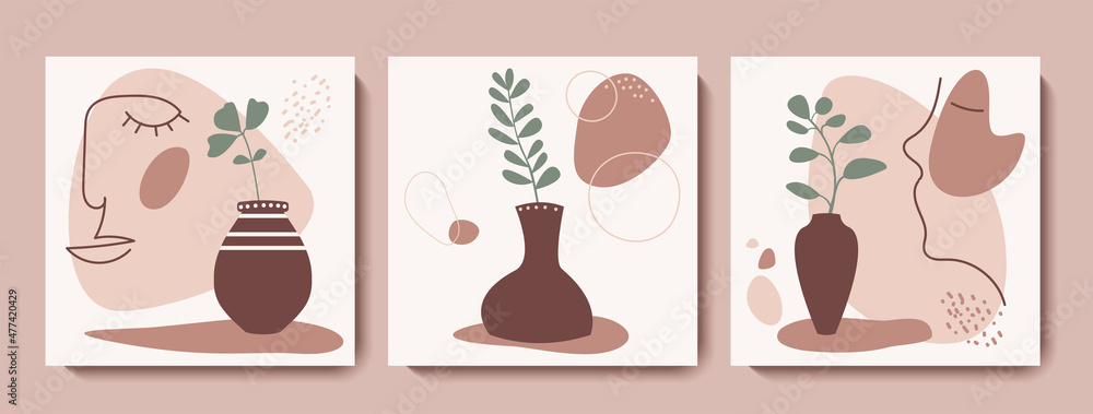 Abstract boho vases and plant poster collection. Aesthetic modern art background in pastel colors. Fashion minimal print. Vector illustration set.