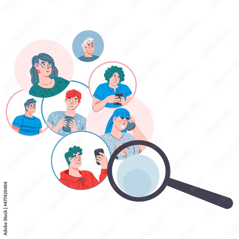 Human resources and hiring concept of searching job candidates, resume online. Profiles of candidates with photos and magnifier, flat cartoon vector illustration isolated on white background. Human resources and hiring concept of searching job candidates, resume online. Profiles of candidates with photos and magnifier, flat cartoon vector illustration isolated on white background.