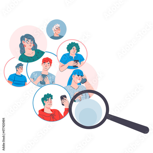 Human resources and hiring concept of searching job candidates, resume online. Profiles of candidates with photos and magnifier, flat cartoon vector illustration isolated on white background.