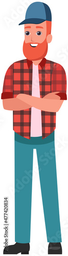 Man dressed as american lumberjack isolated on white background. Representative of woodcutter profession. Lumberman in plaid shirt and cap. Smiling bearded male character with job of logger