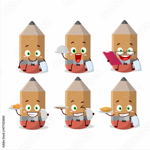 happy Pencil waiter cartoon character holding a plate